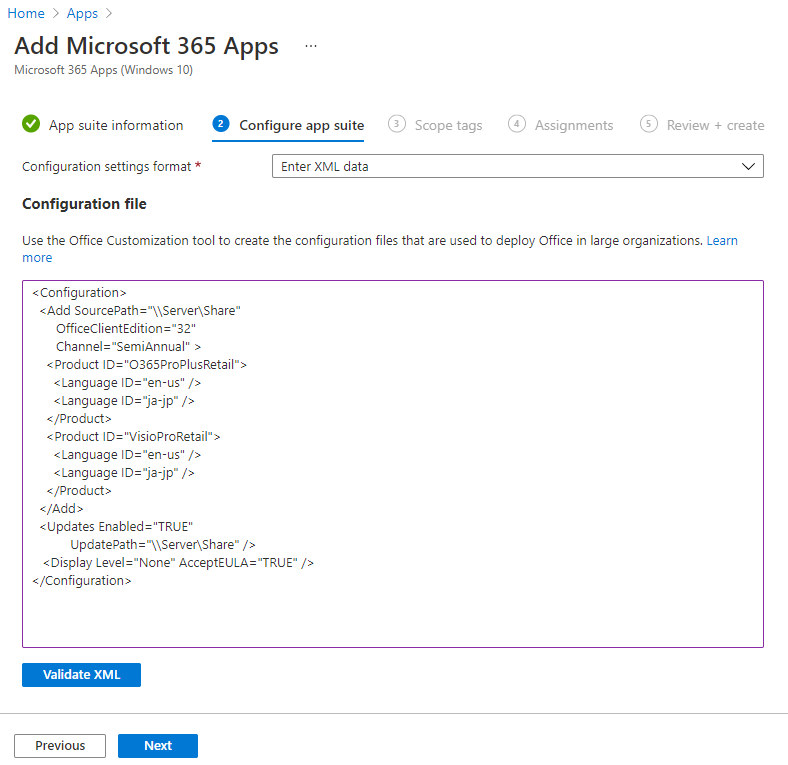 Review and create the Microsoft 365 Apps deployment